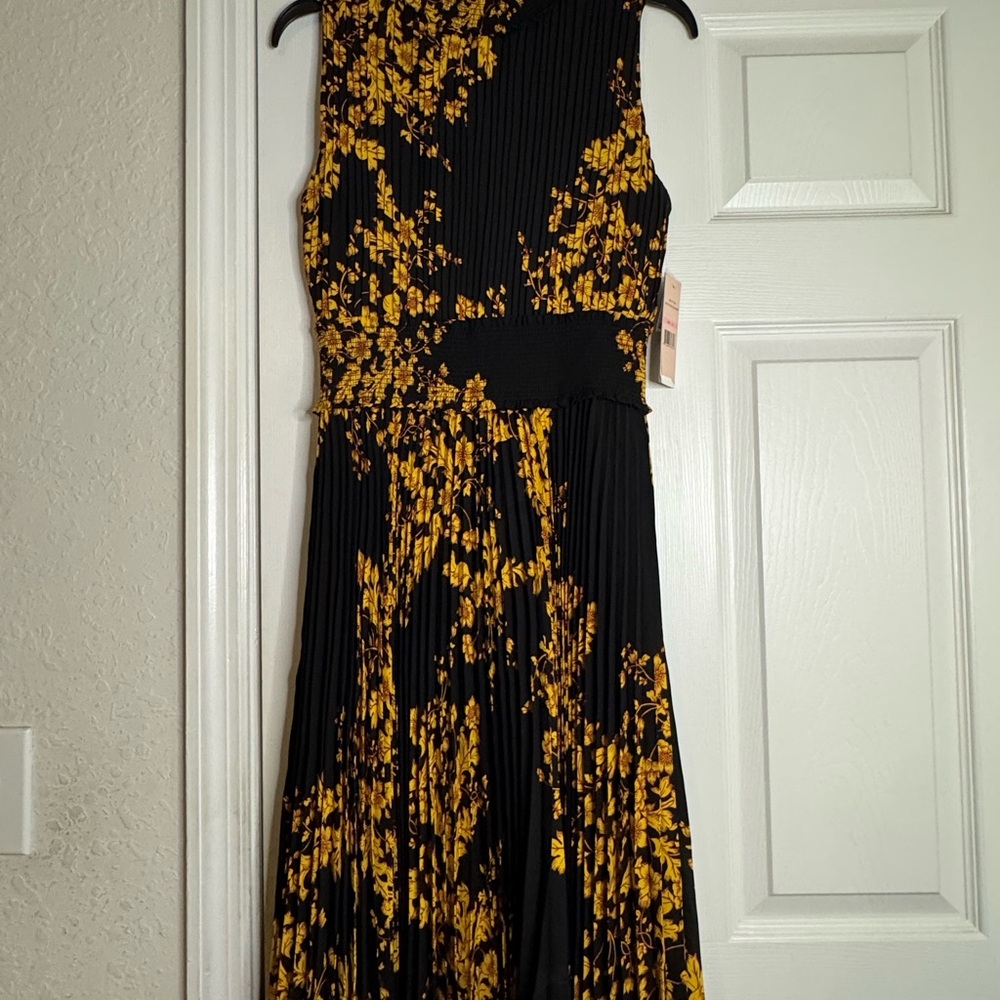 Nanette Lepore Black and Yellow Floral Pleated Midi Dress